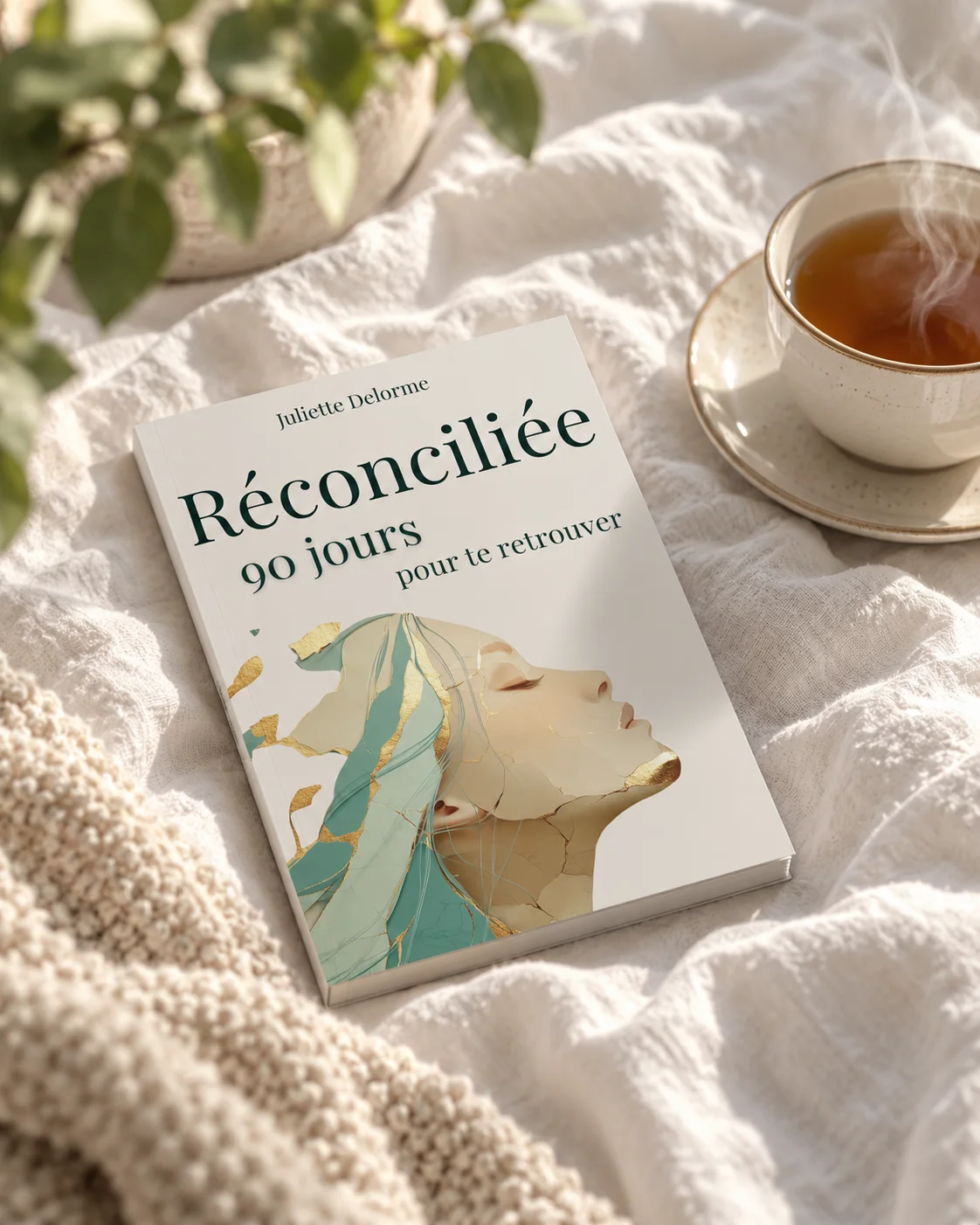 Le livre Réconciliée de Juliette Delorme, mis en scène avec un thé et une branche de verdure