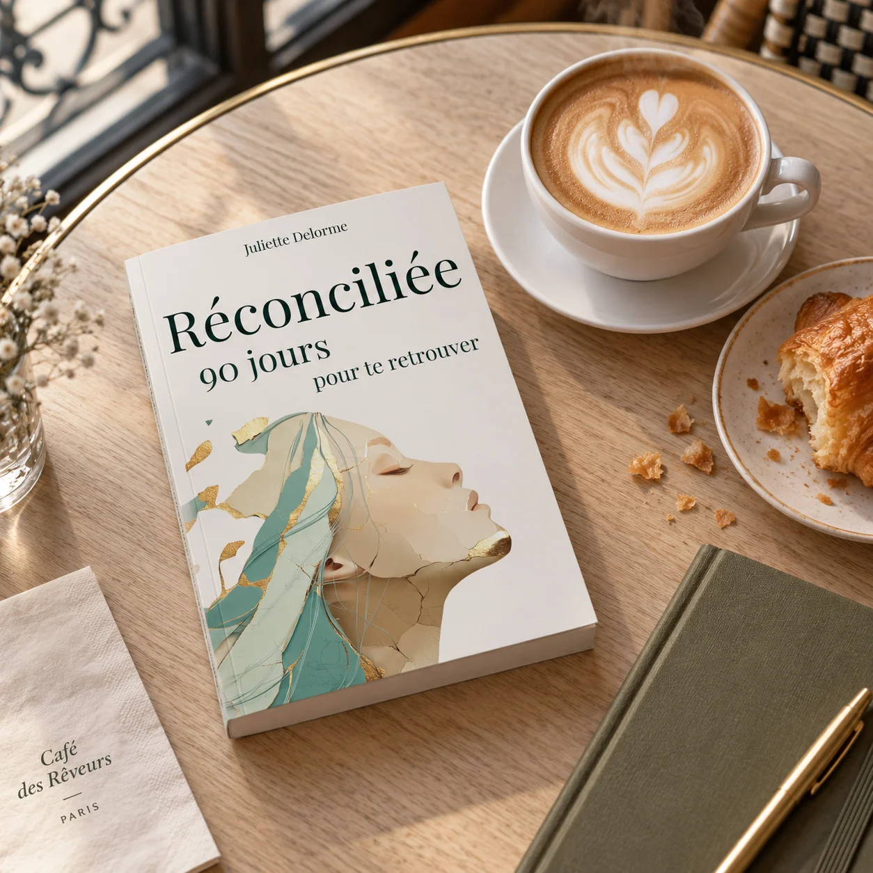Réconciliée posé sur une table de café avec un latte