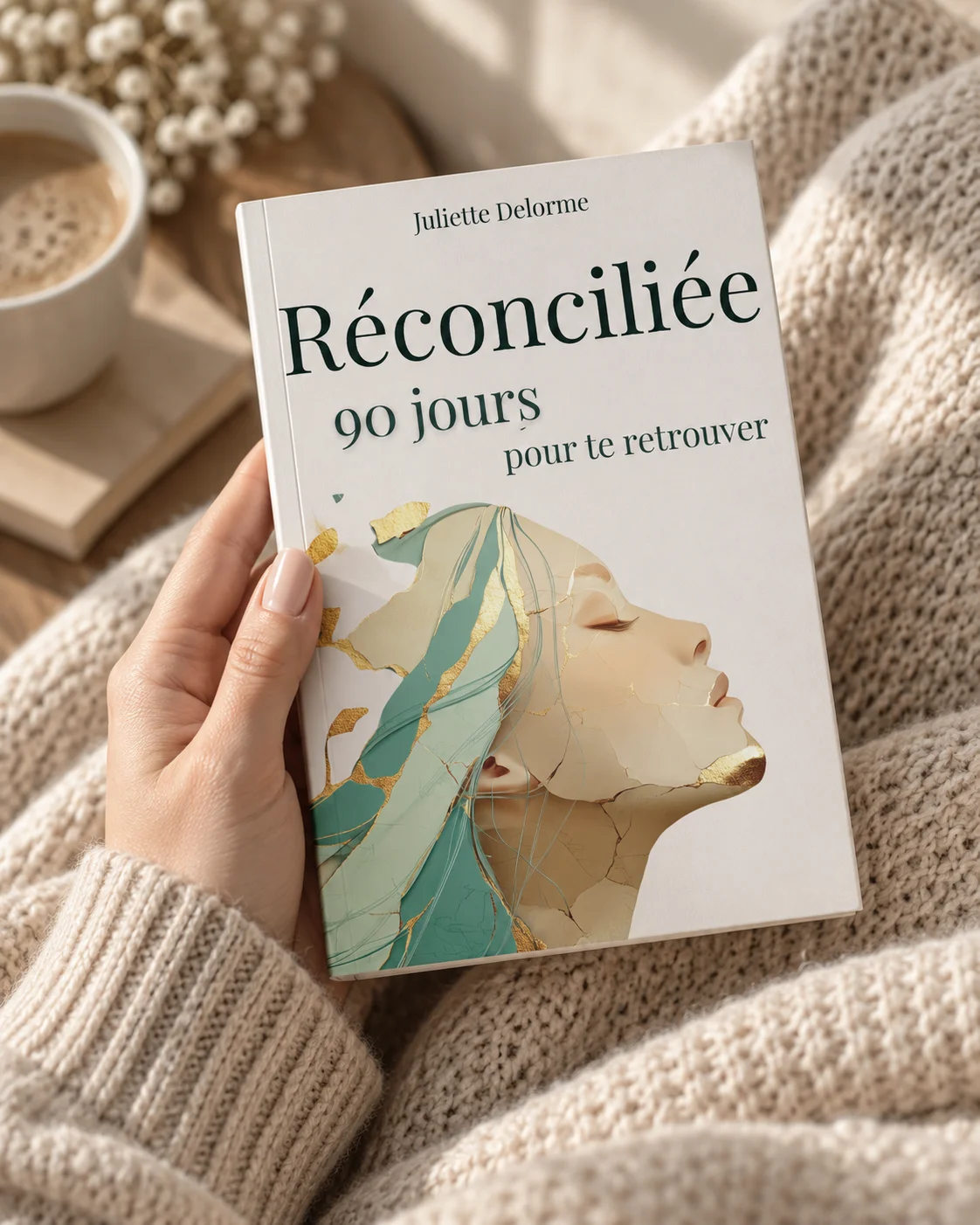Une lectrice tient Réconciliée dans un pull chaud