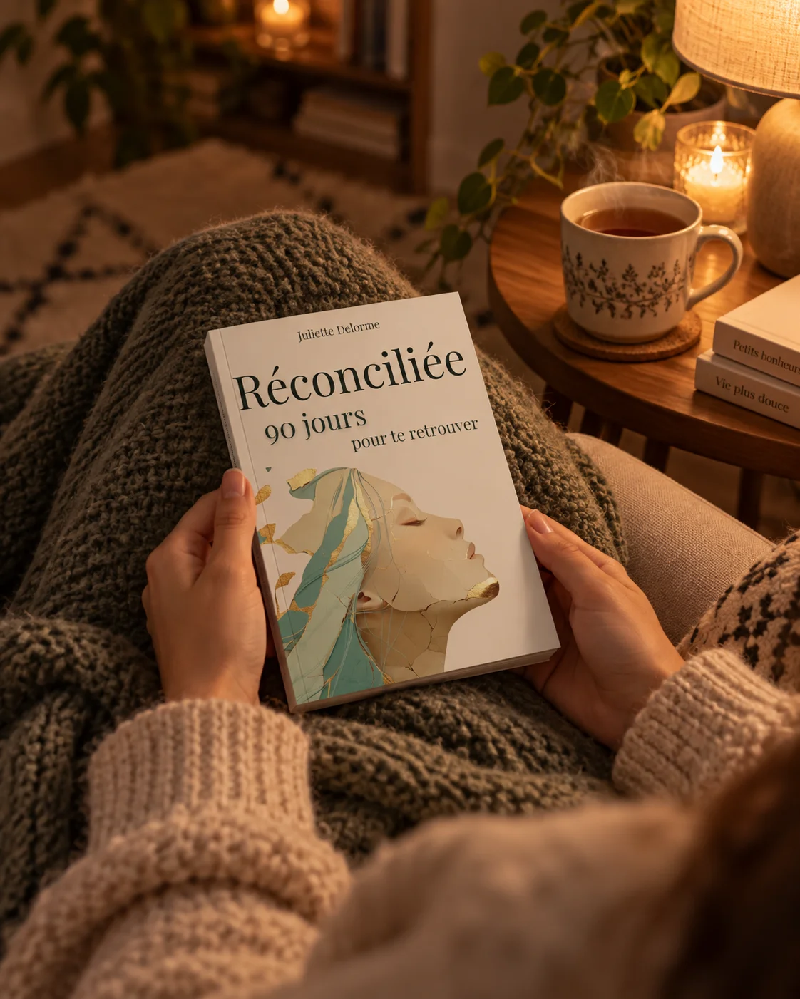 Réconciliée ouvert sur un lit à côté d'un carnet où est écrit « Plus douce avec moi »