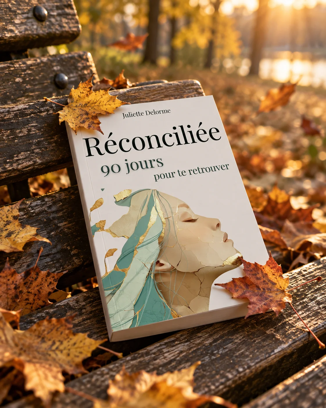 Réconciliée posé sur un banc de parc entouré de feuilles d'automne