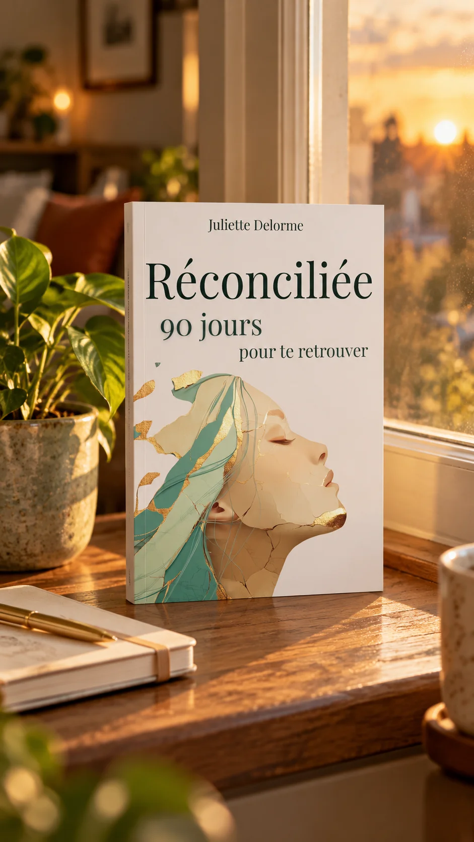 Réconciliée entouré d'un carnet, d'une bougie et de fleurs séchées