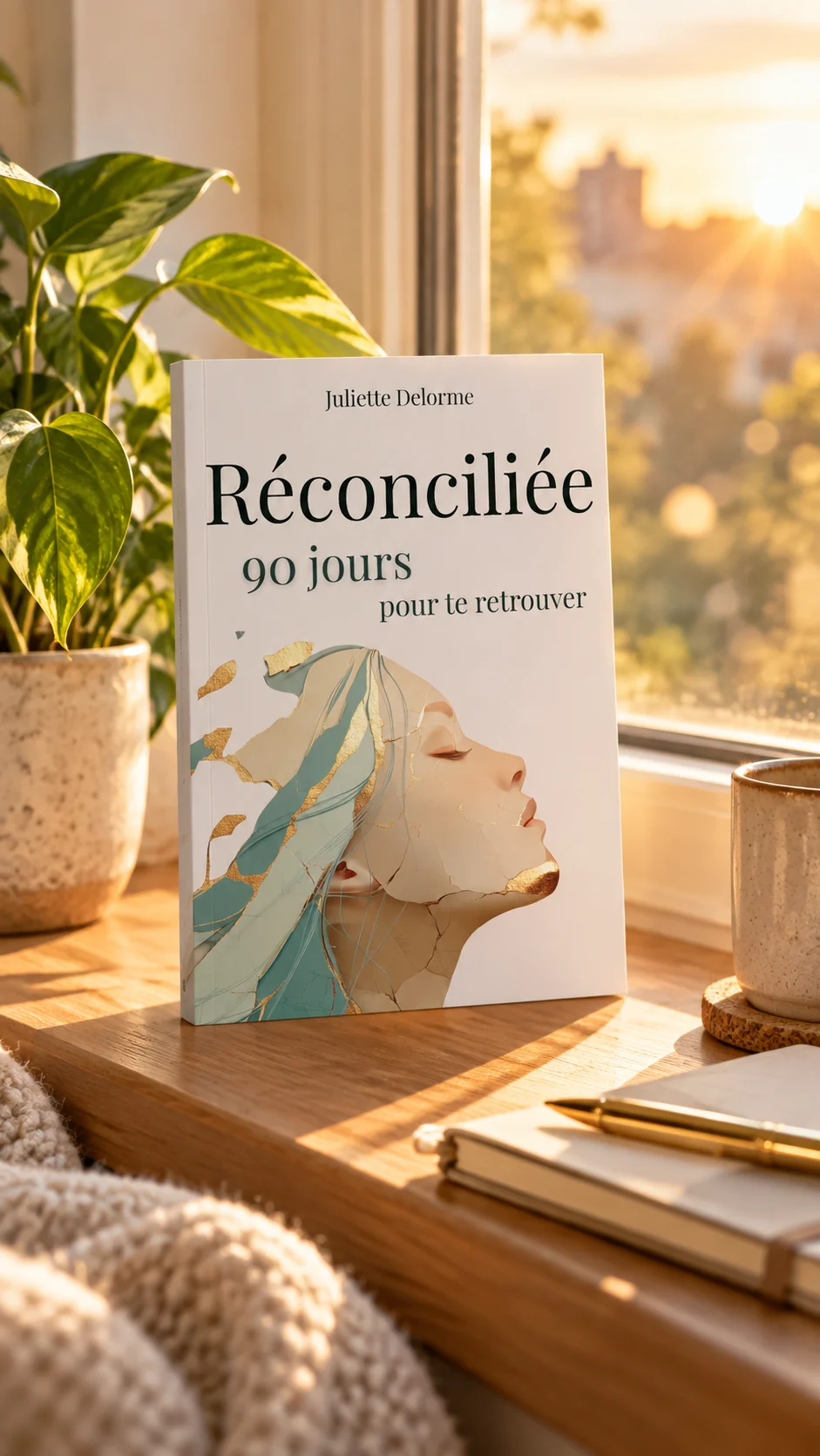 Le livre Réconciliée posé sur un rebord de fenêtre au coucher du soleil